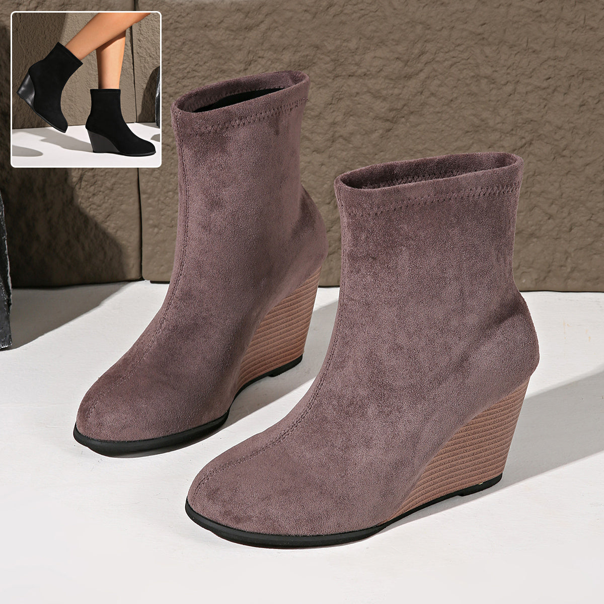 Fashion Thick-soled Wedges Boots Winter Suede Height-increasing Shoes Warm Solid Ankle Boot