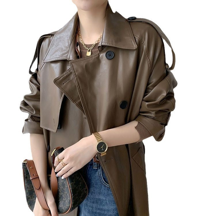 Retro Women's Mid-length Waist Slimming Pu Coat