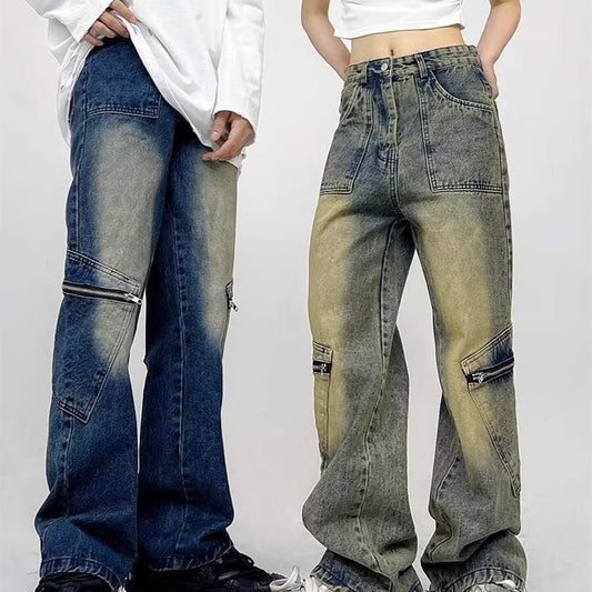 High Street Yellow Mud Dyed Denim Trousers Trendy Retro