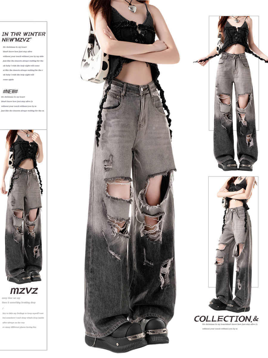 Black Gradient Ripped Wide-legged Jeans Women's High Waist Loose Straight Trousers