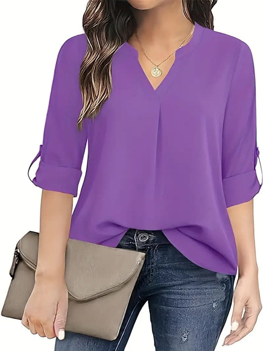 Solid Color Simple Blouse, Casual V-neck Long Sleeves