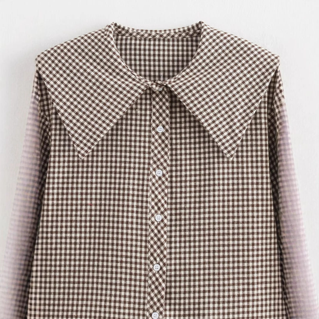 Women's Small Round Lapel Plaid Shirt