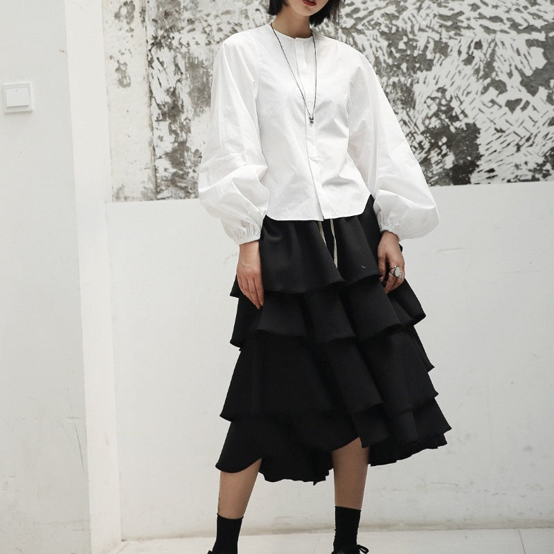 Spring And Autumn New Stand-up Collar Puff Sleeve White Shirt