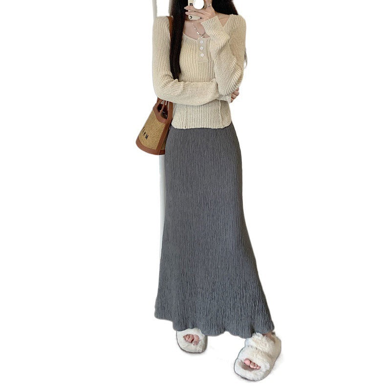 Vintage Crumpled A- Line Autumn Idle Style Skirt For Women