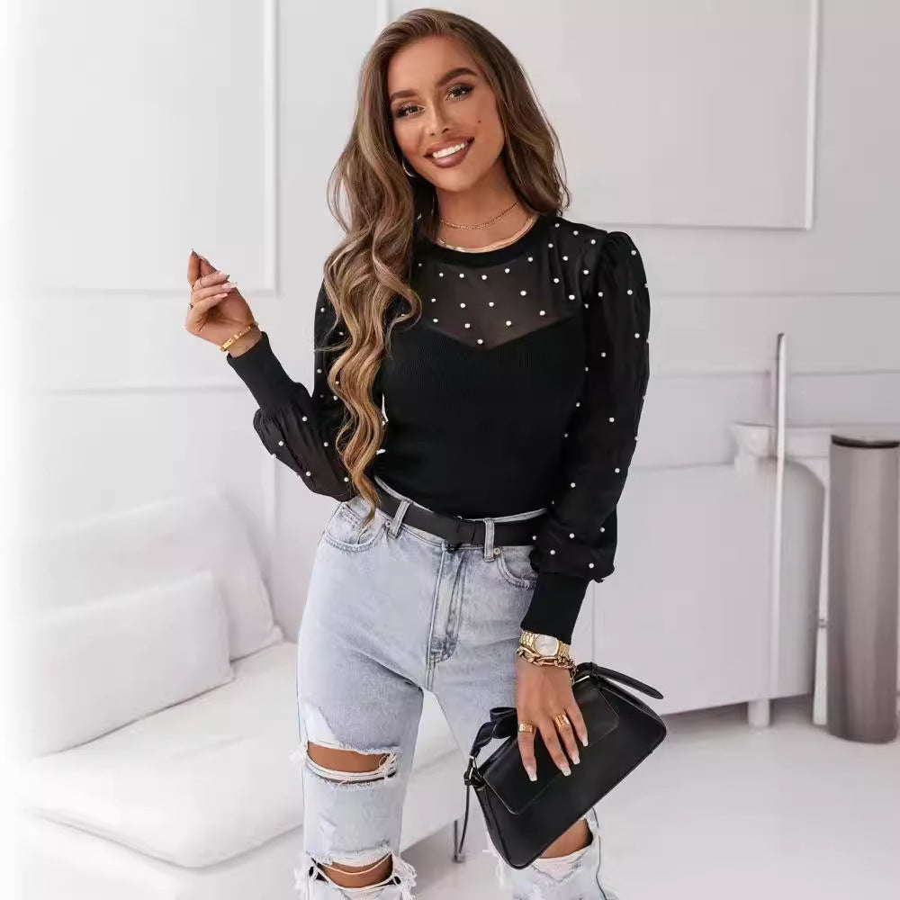 Mesh Beaded Stitching Long-sleeved Solid Color Top