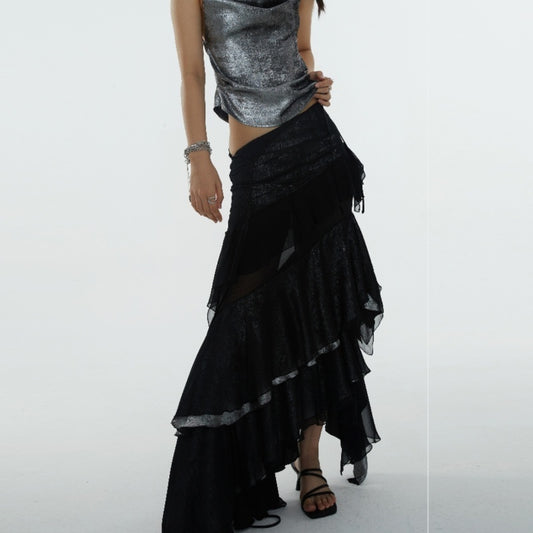 Irregular Ruffled Stitching See-through Off-the-leg Heavy Skirt