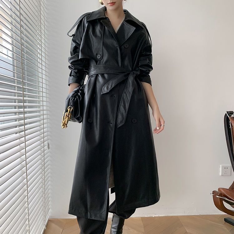 Retro Women's Mid-length Waist Slimming Pu Coat