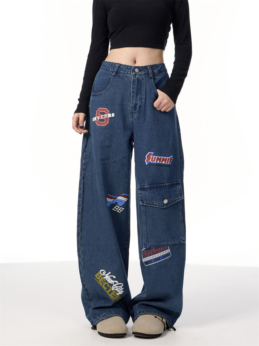 American Retro Stamp Printing Cargo Jeans