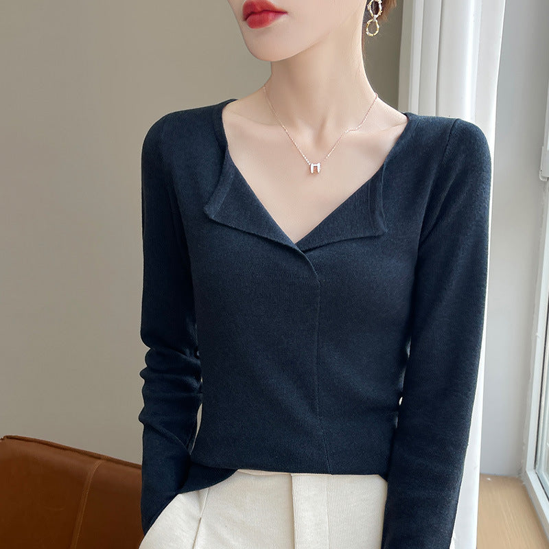 French Retro Half V-neck Knitted Bottoming Shirt For Women Slim Fit Slimming