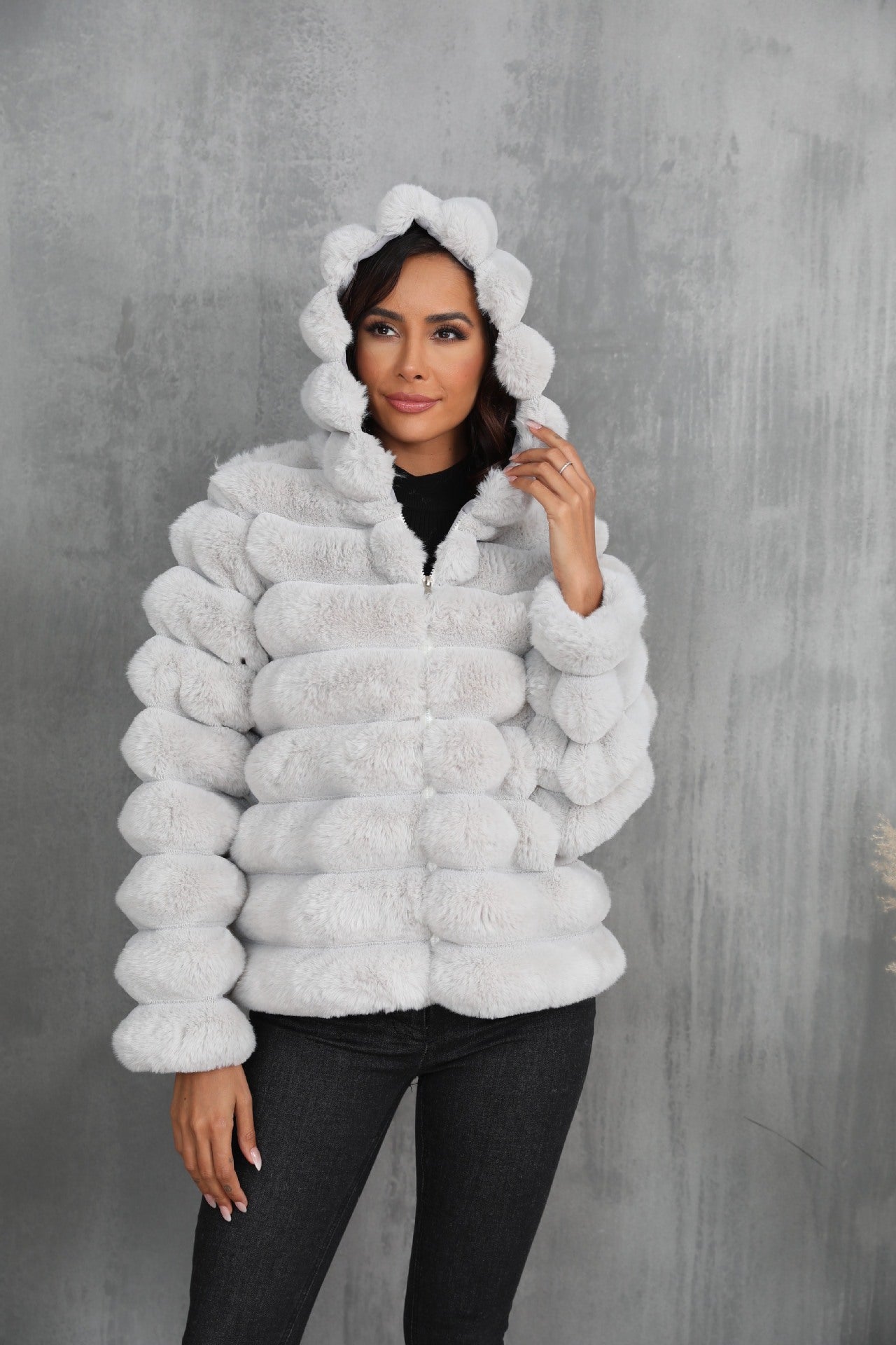 Women's Striped Hooded Imitation Fur Short Jacket