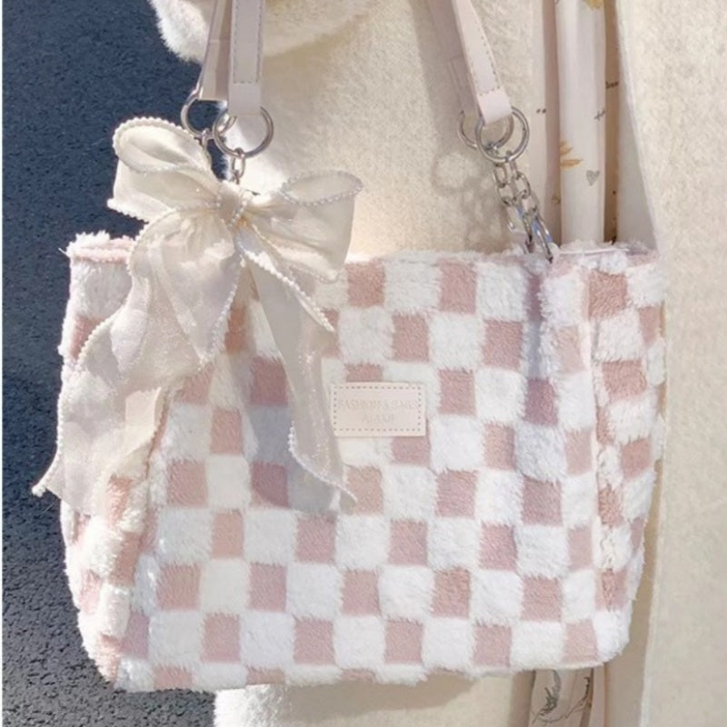 Large Capacity Plush Bag Women's New Plaid Shoulder