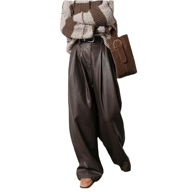 Vintage Brown Pleated PU Leather Pants Women's Clothing