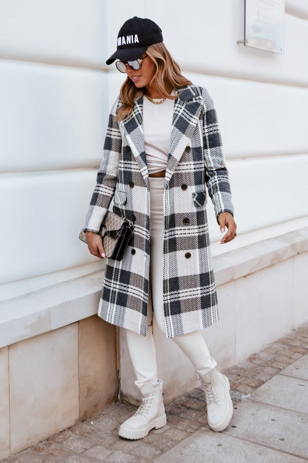 European And American Fashion Plaid Woolen Coat