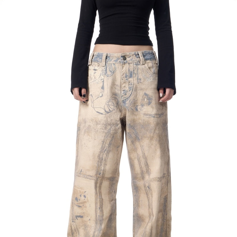 Retro 3D Printing Laser Full Printed Washed Jeans