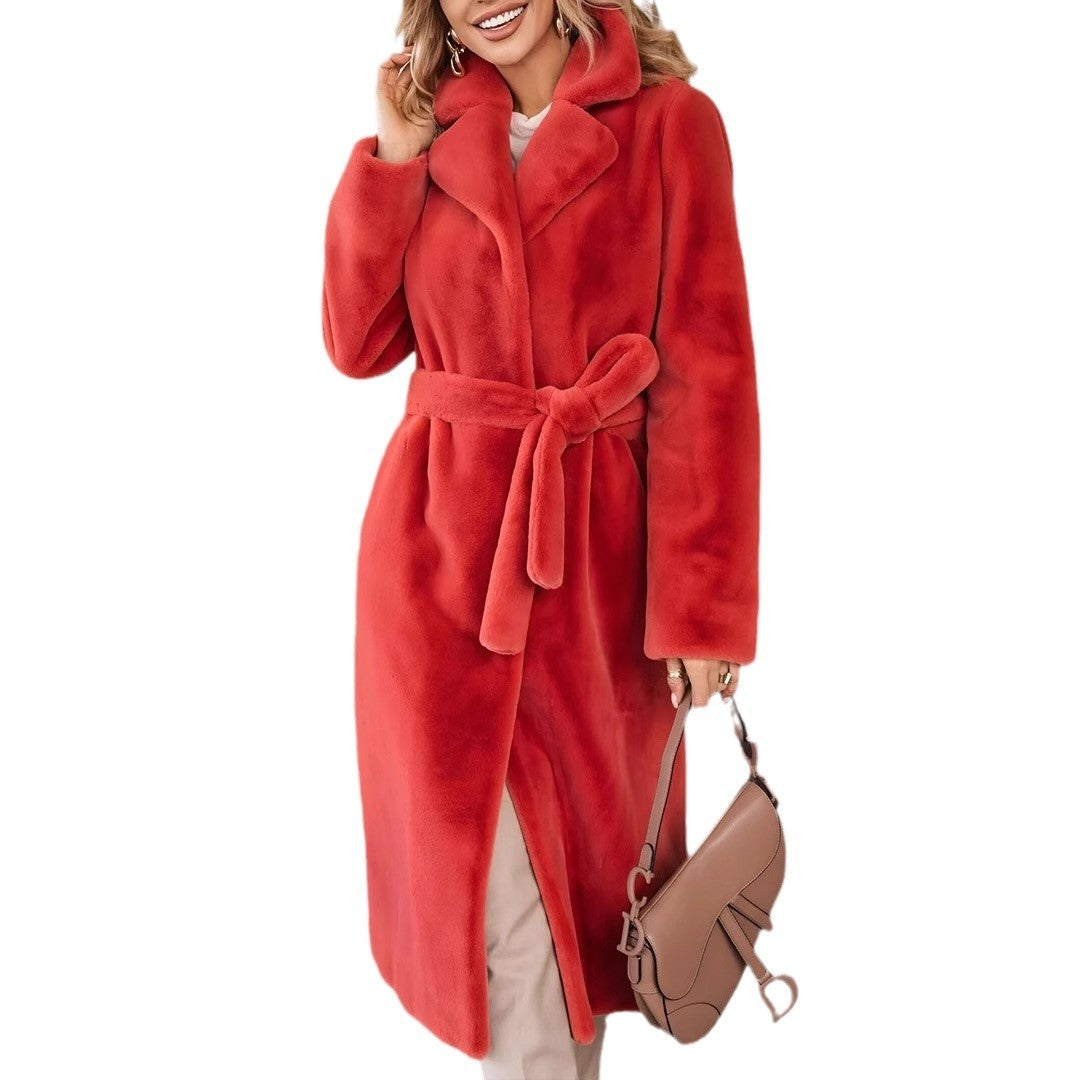 Women's Fashionable Elegant Lace-up Turn-down Collar Plush Long Coat