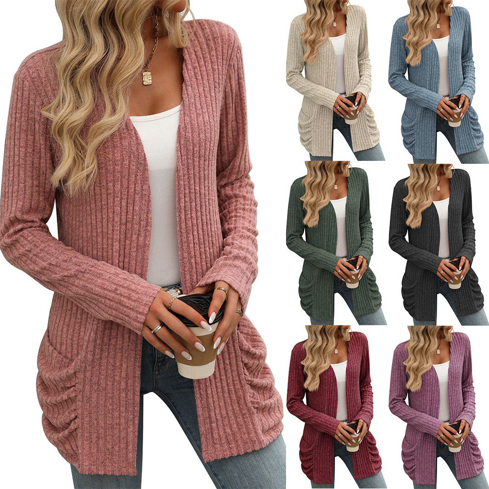 Solid Color Rib Fabric Brushed Pocket Cardigan Long Sleeve Coat