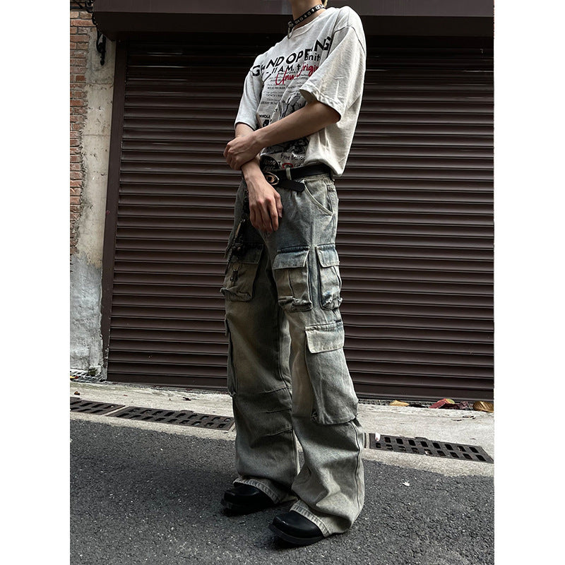 Retro Workwear Multi-pocket Functional Casual Jeans Straight-leg Wide-leg Pants