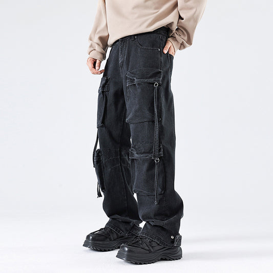 Workwear Multi-pocket Straight-leg Pants Black Design Wide-leg Trousers