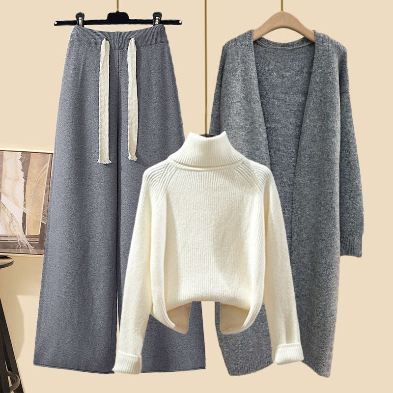 Idle Style Three-piece Set Thick Turtleneck Sweater Wide Leg Pants Wear Long Cardigan Jacket Slimming