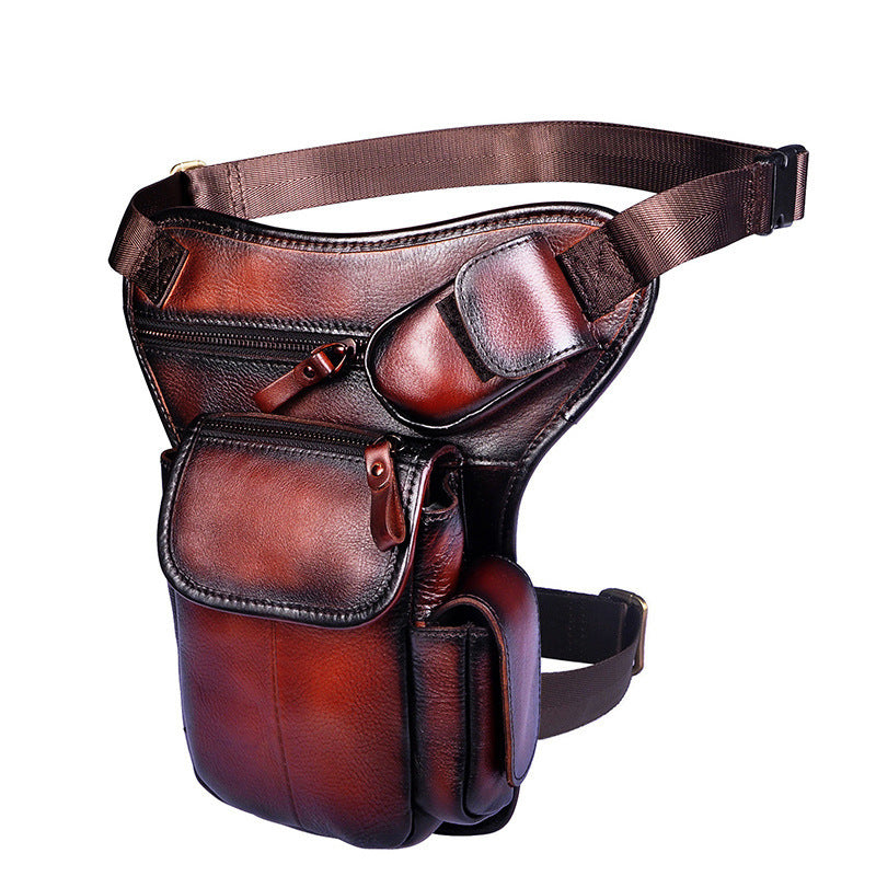 First Layer Oil Waxed Leather Cowhide Vintage Men's Outdoor Leg Bag Waist Bag