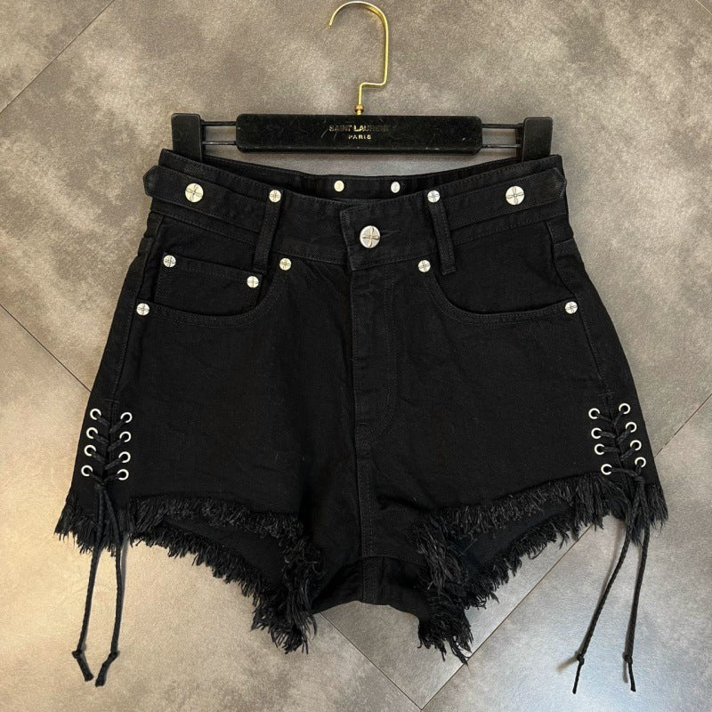 Lace-up Frayed Cross Flower & Pattern Sweet Cool Denim Shorts For Women