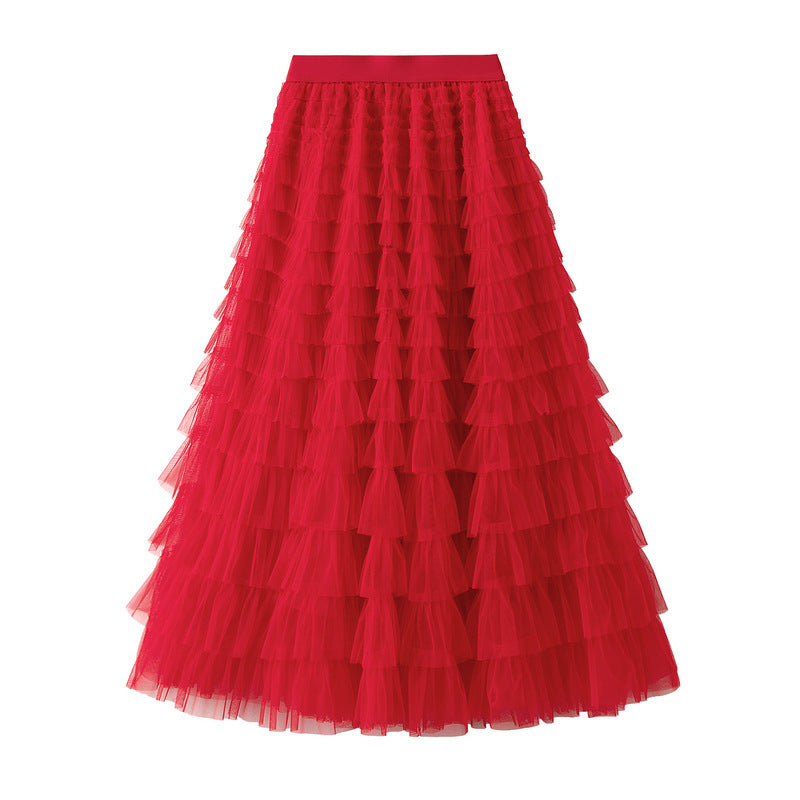 A-Line Mesh Ruffle Skirt Women's Temperament Sweet Long Skirt Slim Cupcake Dress Womens Clothing