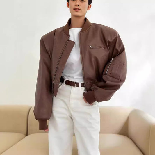 Short Jacket Fried Street Leather Clothing With Stand Collar Coat