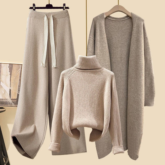 Idle Style Three-piece Set Thick Turtleneck Sweater Wide Leg Pants Wear Long Cardigan Jacket Slimming