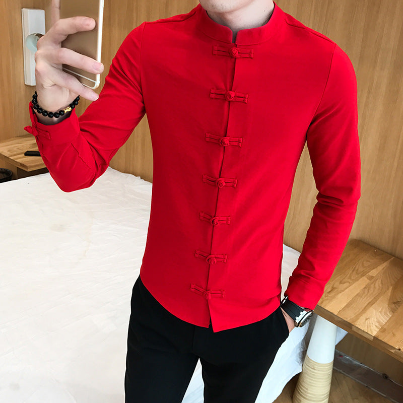 Retro Solid Color Casual Shirt Youth Slim Fit Frog Long Sleeve