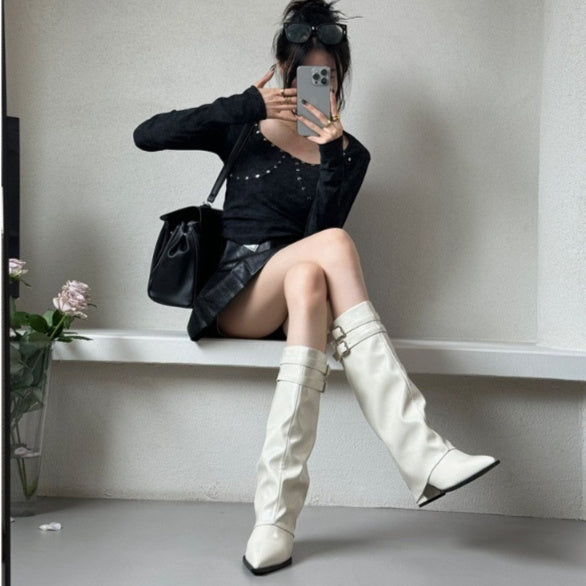 Niche Pointed Toe Chunky Heel Belt Buckle Below The Knee Long Canister Boots