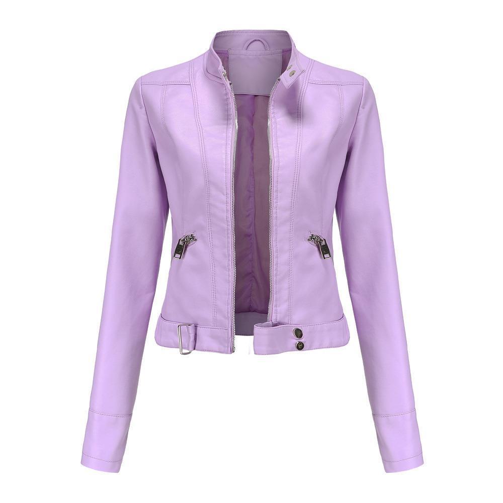 Women's Short Leather Jacket Stand Collar Jacket Thin