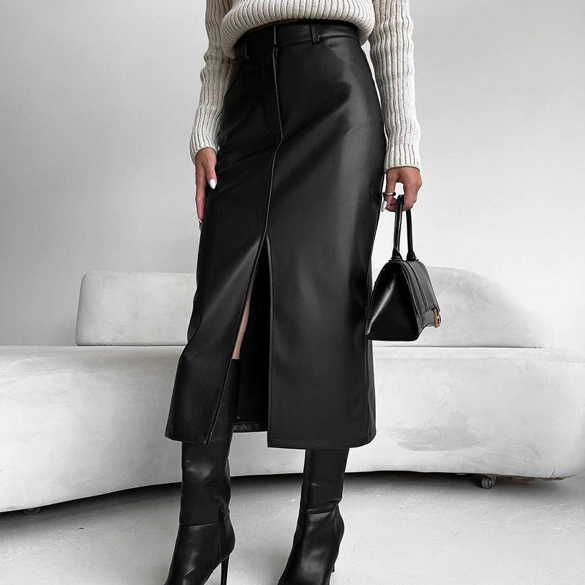 Vintage Fleece-lined PU Leather Leather Skirt