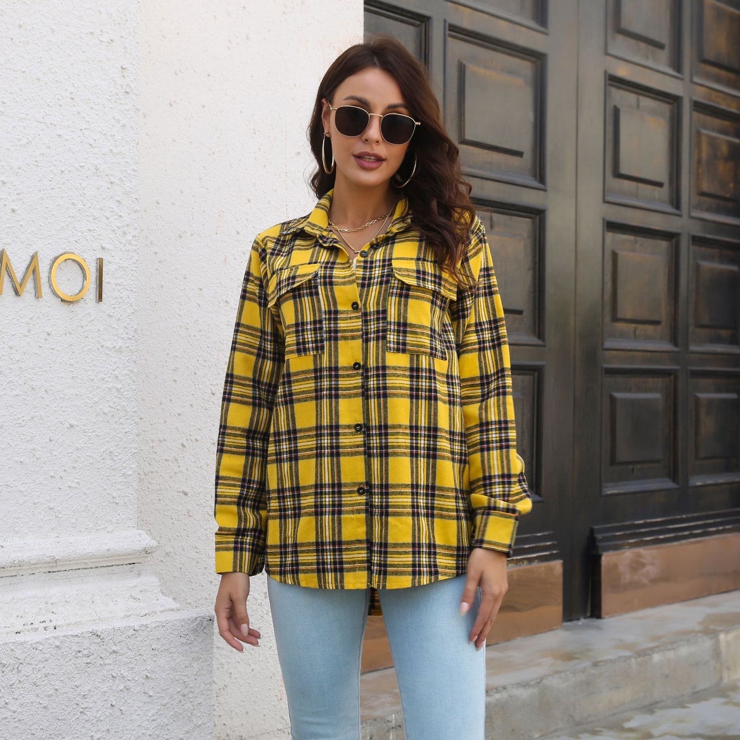 Plaid Shirt Brushed Long Sleeve Mid-length Loose Shirt