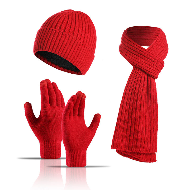 Winter Solid Color Scarf Hat Gloves Knitted Three-piece Suit