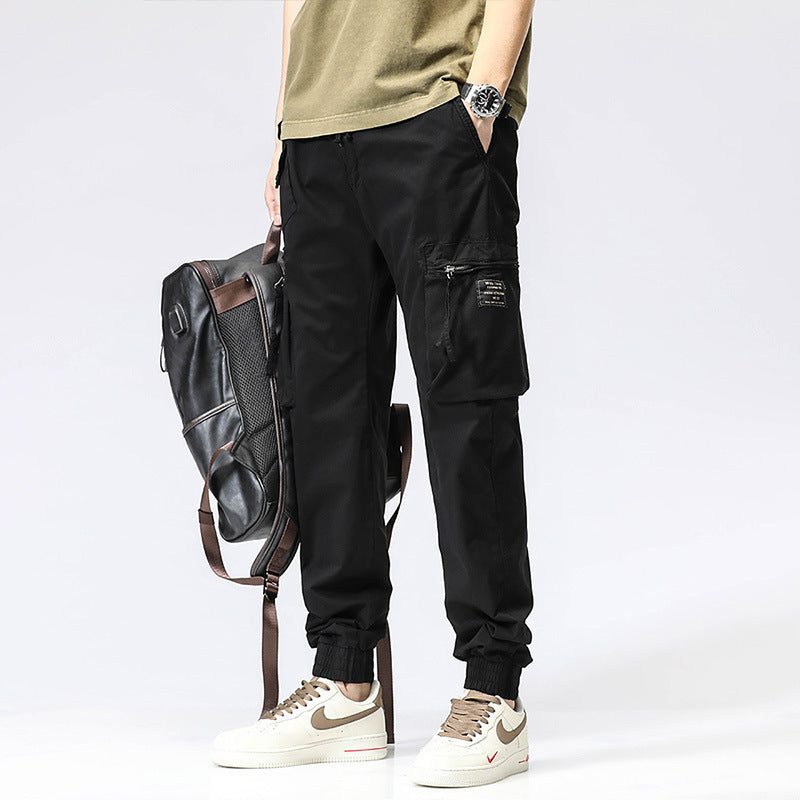 Casual Pants Trendy Brand Elastic Waist Men's Youth Simple Pure Cotton Multi-pocket Work Pants Trousers Ankle-tied