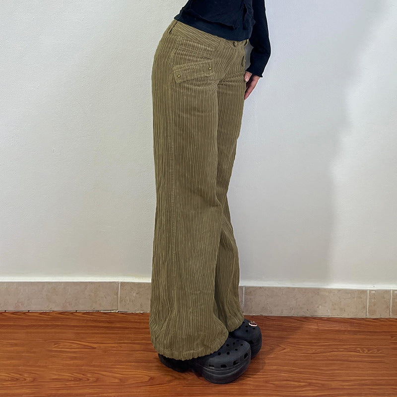 High Waist Straight All-matching Corduroy Flanging Pocket Loose Casual Pants