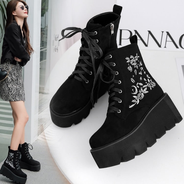 Thick-soled Thick-heeled Embroidered Frosted Platform Shoes Martin Boots