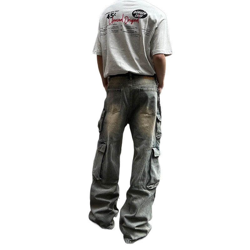 Retro Workwear Multi-pocket Functional Casual Jeans Straight-leg Wide-leg Pants