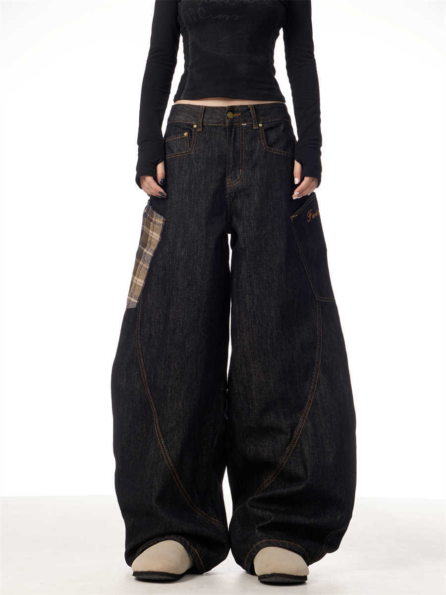 Retro Plaid Stitching Jeans Women's Straight Wide-leg Pants