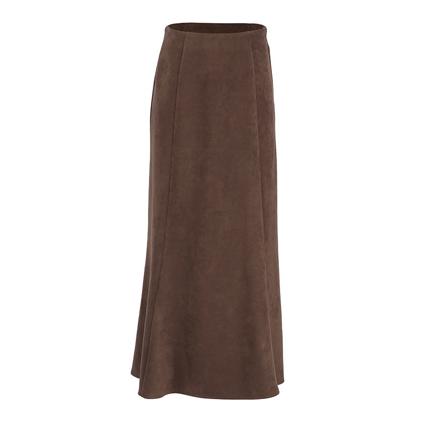 Brushed Velvet Brown Slim-fit High Waist Straight Skirt