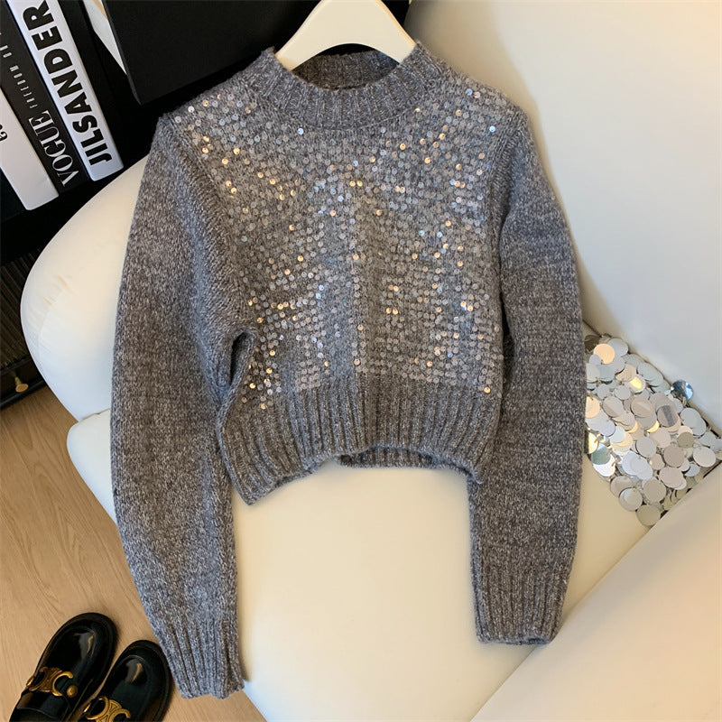 Autumn And Winter New Round Neck Heavy Embroidery Sequins Knitwear Top For Women