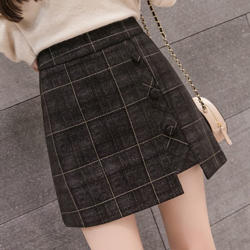 Plaid Skirt Women Irregular Woolen  Short Skirt