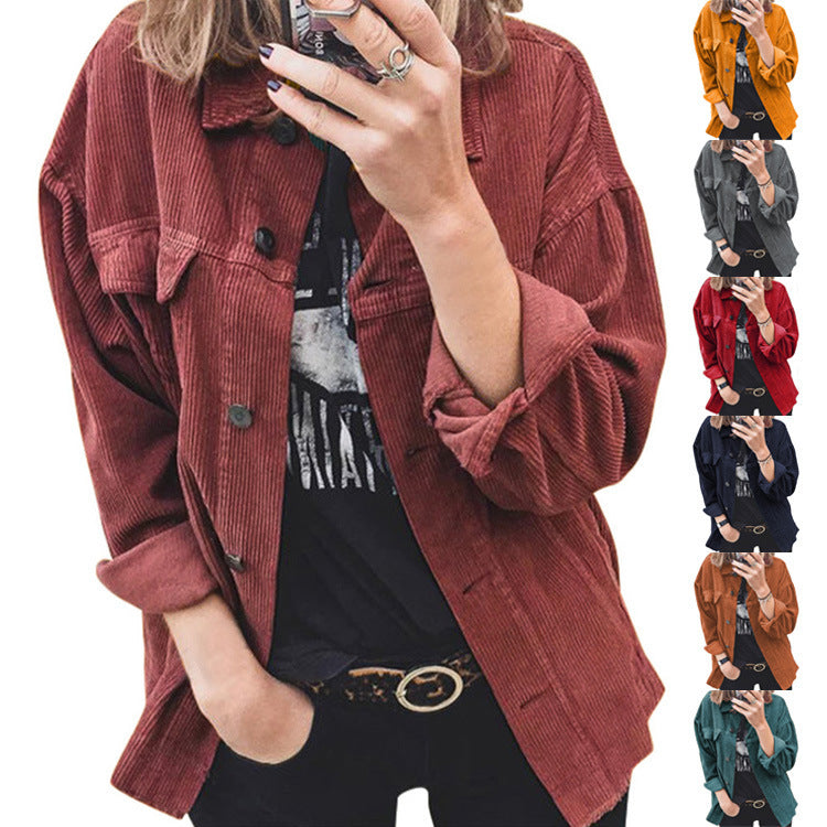 Autumn Corduroy Button Cardigan Long Sleeve Lapel Loose Thick Shirt For Women