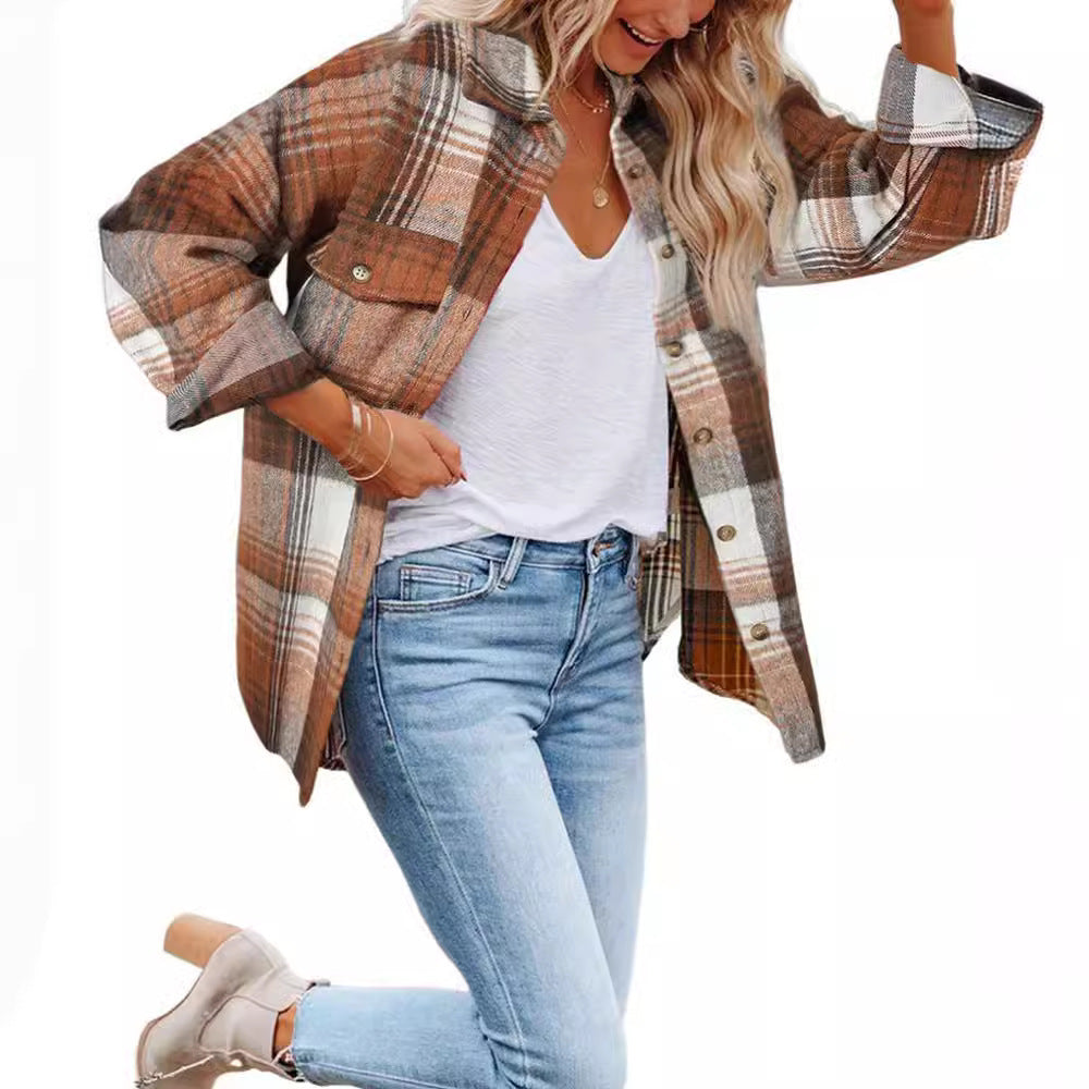 Casual Women's Lapel Loose Plaid Mid-length Blouse