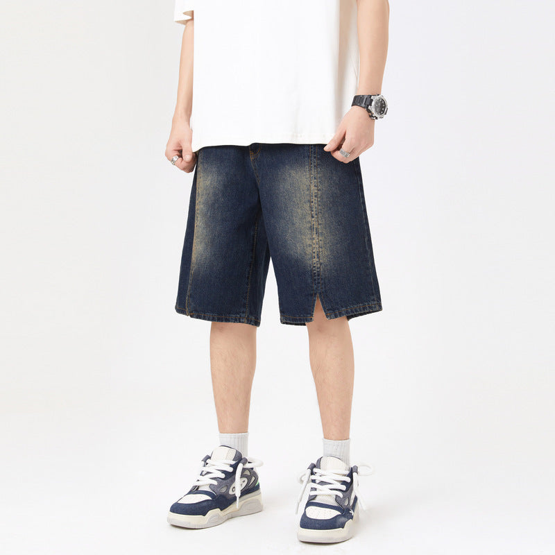 American-style Retro Washed Split Design Denim Shorts For Men