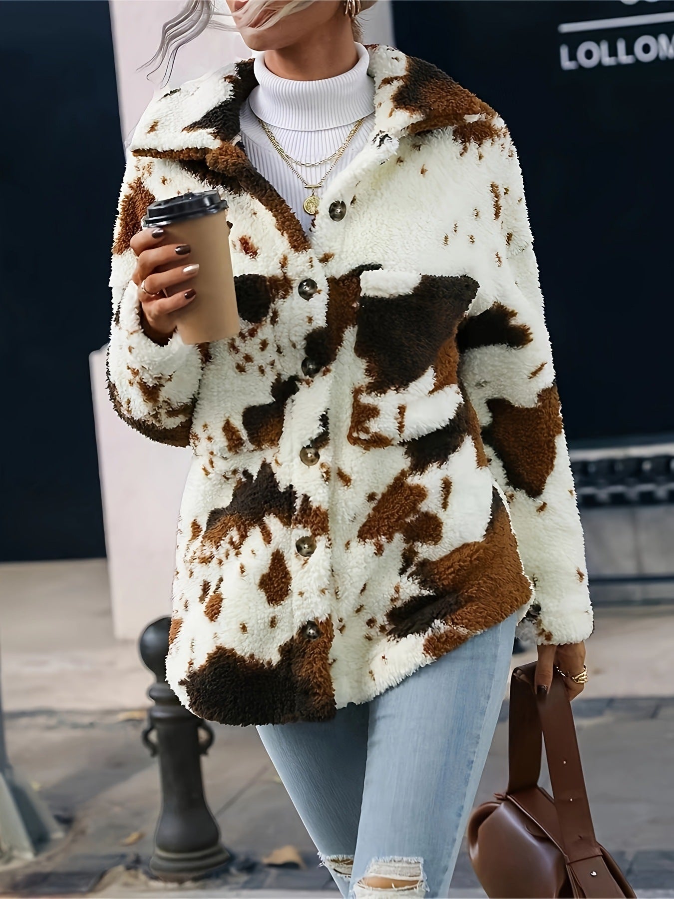 Double-sided Plush Cow Pattern Pocket Top Coat