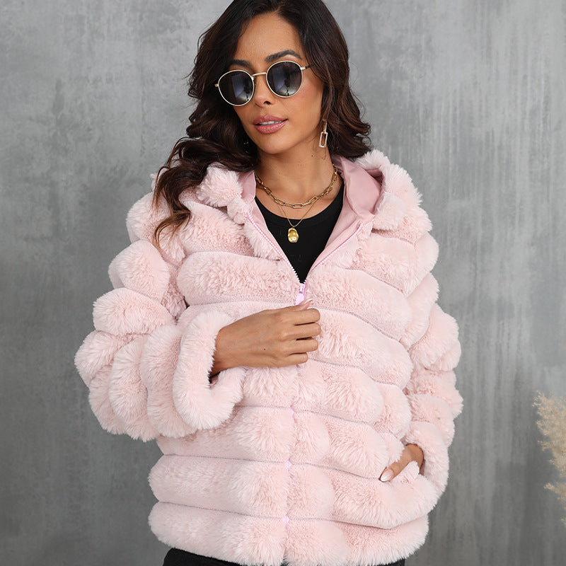 Women's Striped Hooded Imitation Fur Short Jacket