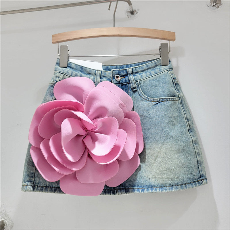 Design Flower High Waist Denim Skirt Women's A- Line Hot Girl Shorts Sheath Culottes Skirt