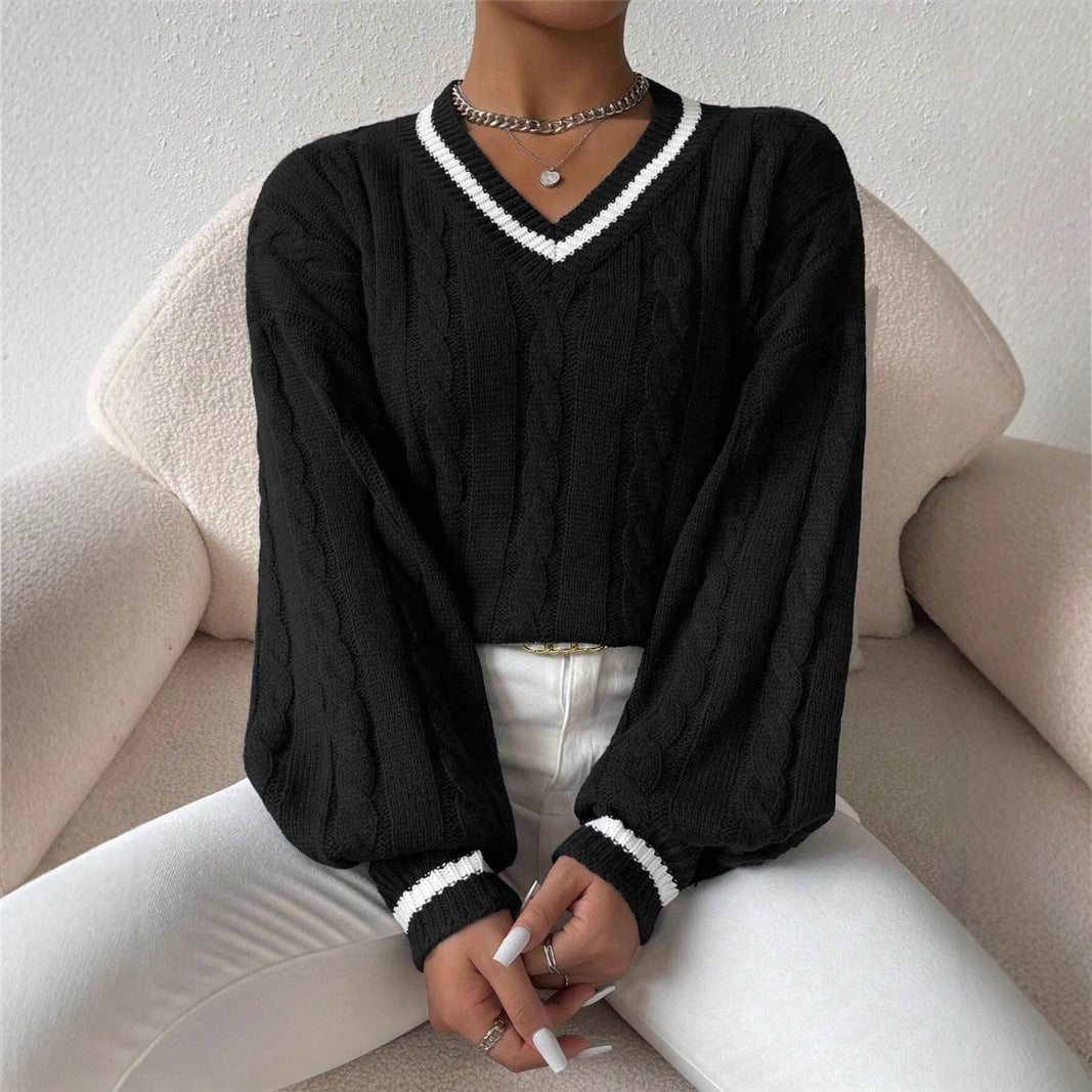 Autumn And Winter Elegant Contrast Color Twisted Loose V-neck Fashion All-matching Women's Sweater