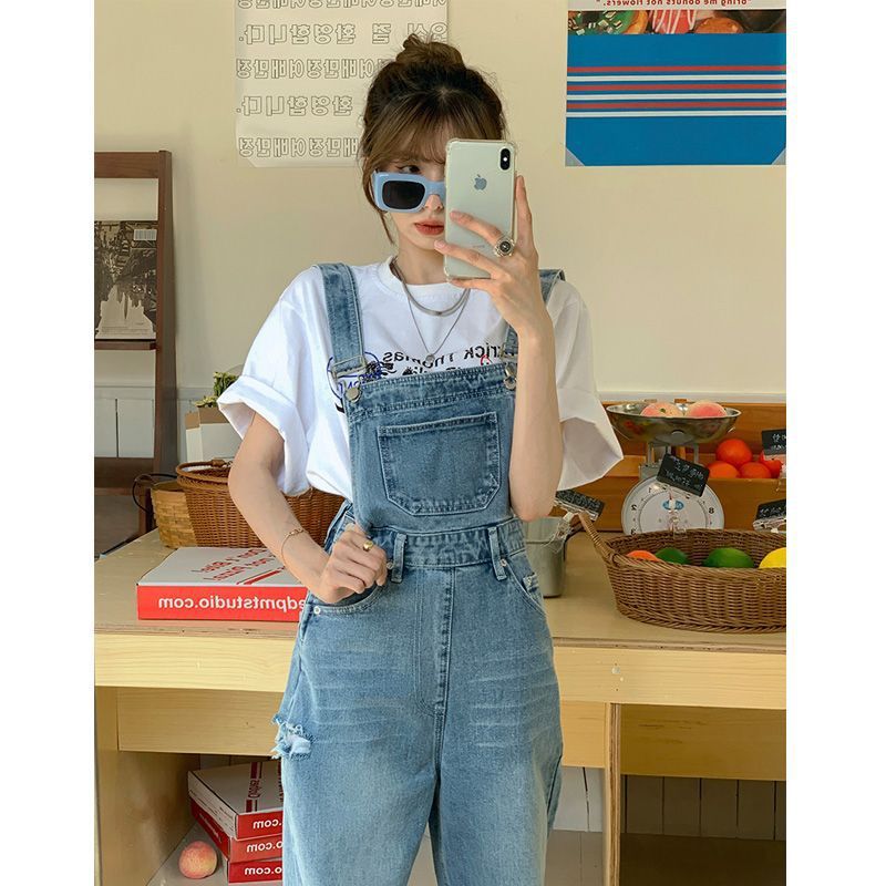 Ripped Denim Suspender Pants Women's Spring Versatile Ins High Waist Straight Wide Leg Mop Trousers Women's